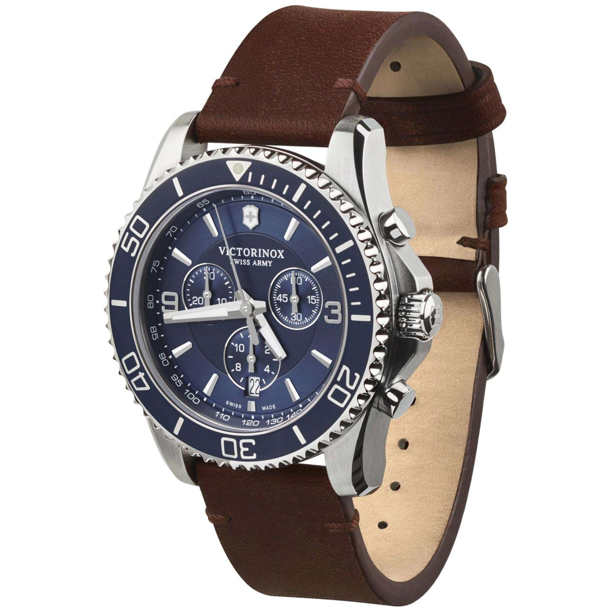 Men's quartz wristwatch angled view; blue dial with subdials and brown leather strap