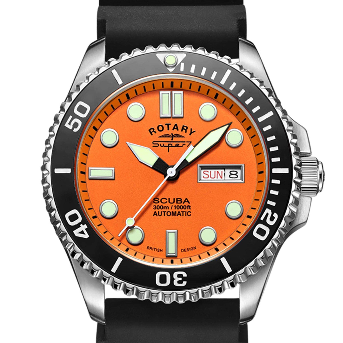 Men's scuba dive watch close-up, orange dial with bezel markings and black silicone strap