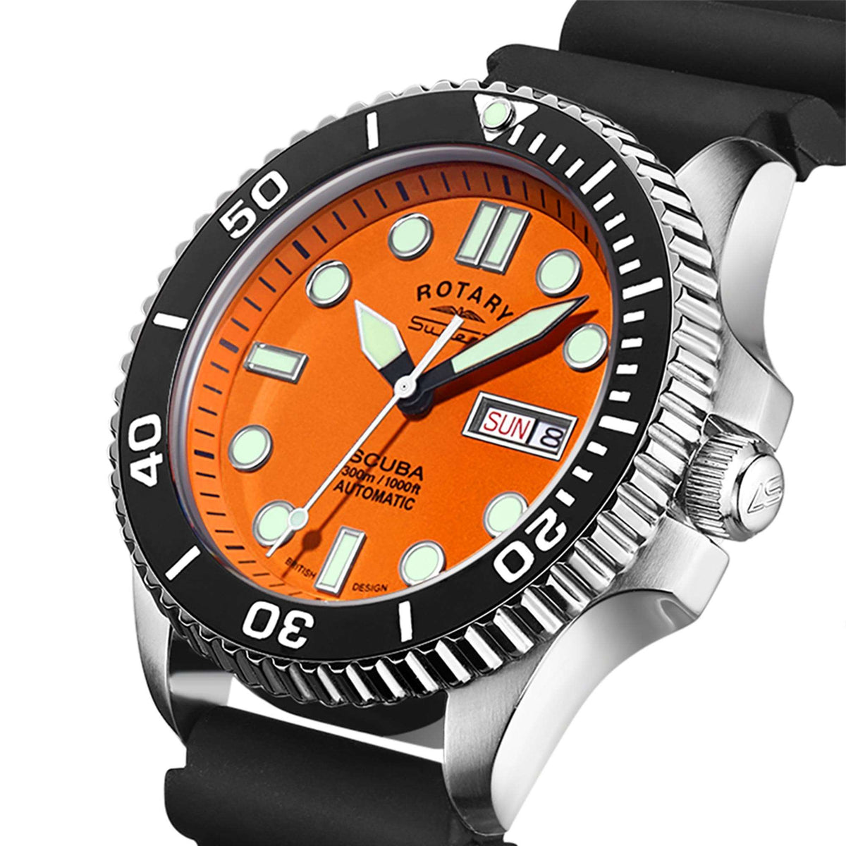 Men's scuba dive watch angled view, orange dial with dive bezel and black silicone strap