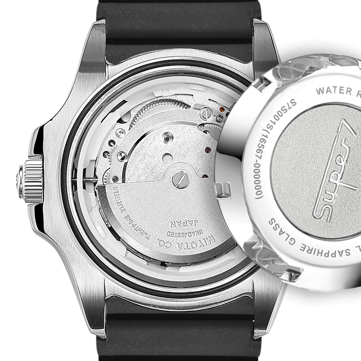 Men's scuba dive watch caseback view with textured stainless back and black silicone strap