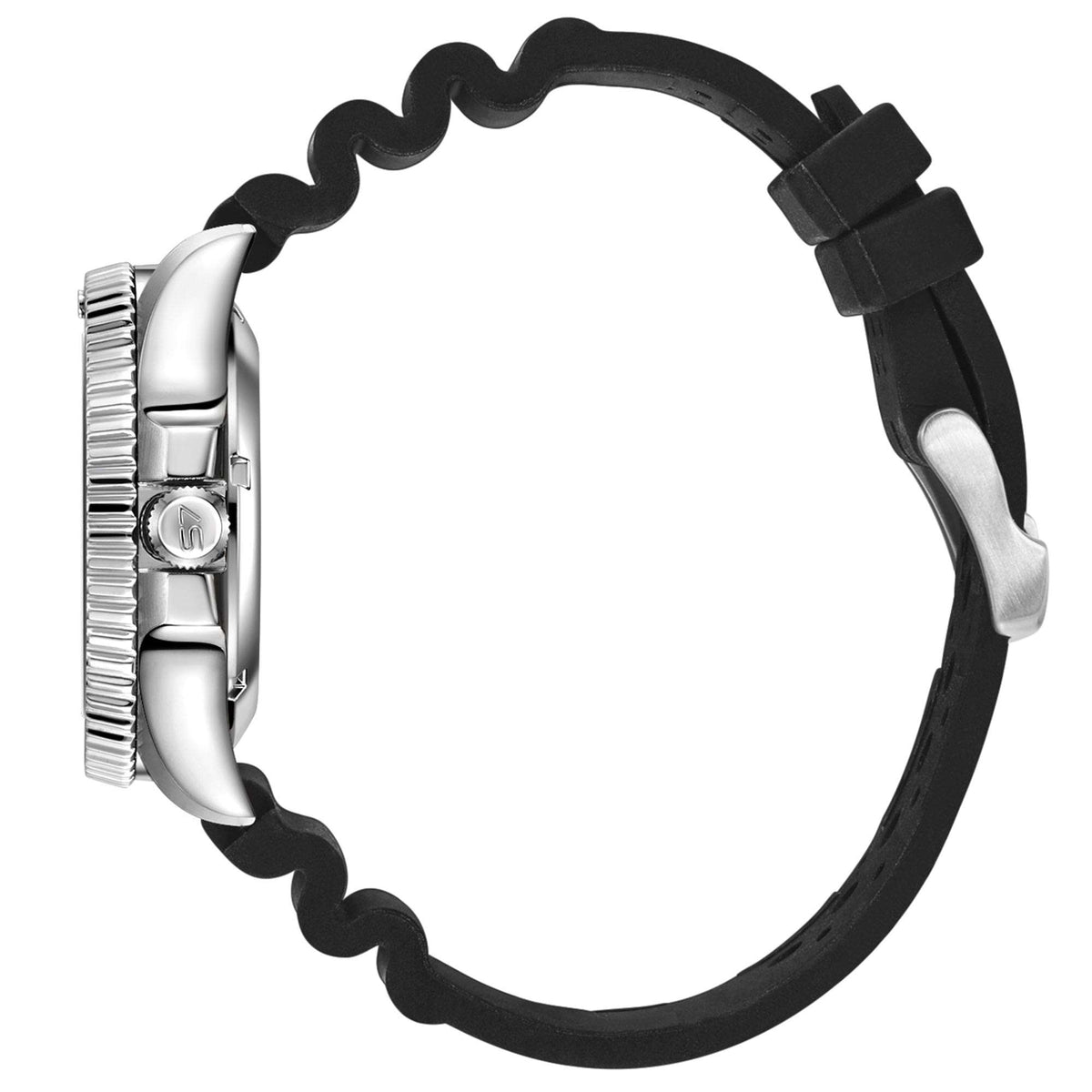 Men's scuba dive watch profile view, black silicone strap and ridged bezel edge