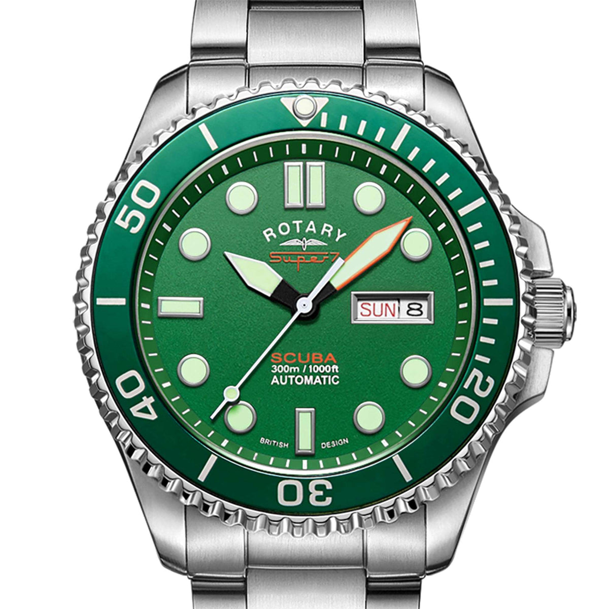 Men's scuba dive watch with green dial, silver stainless steel bracelet and bezel