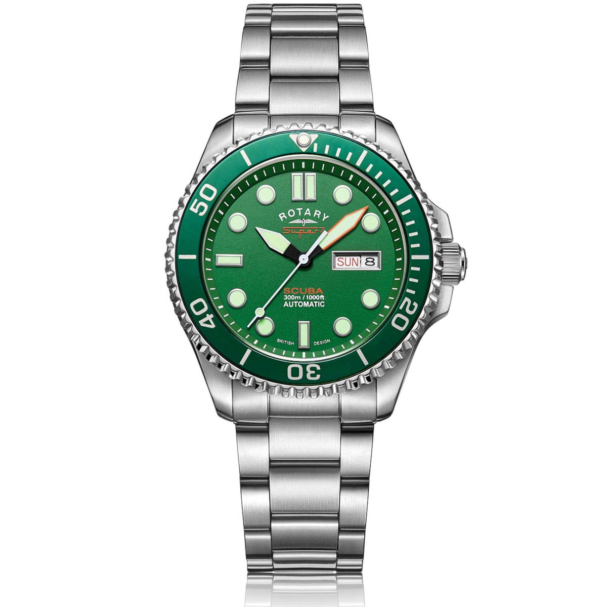 Men's scuba dive watch with green dial, day-date window, silver stainless steel case