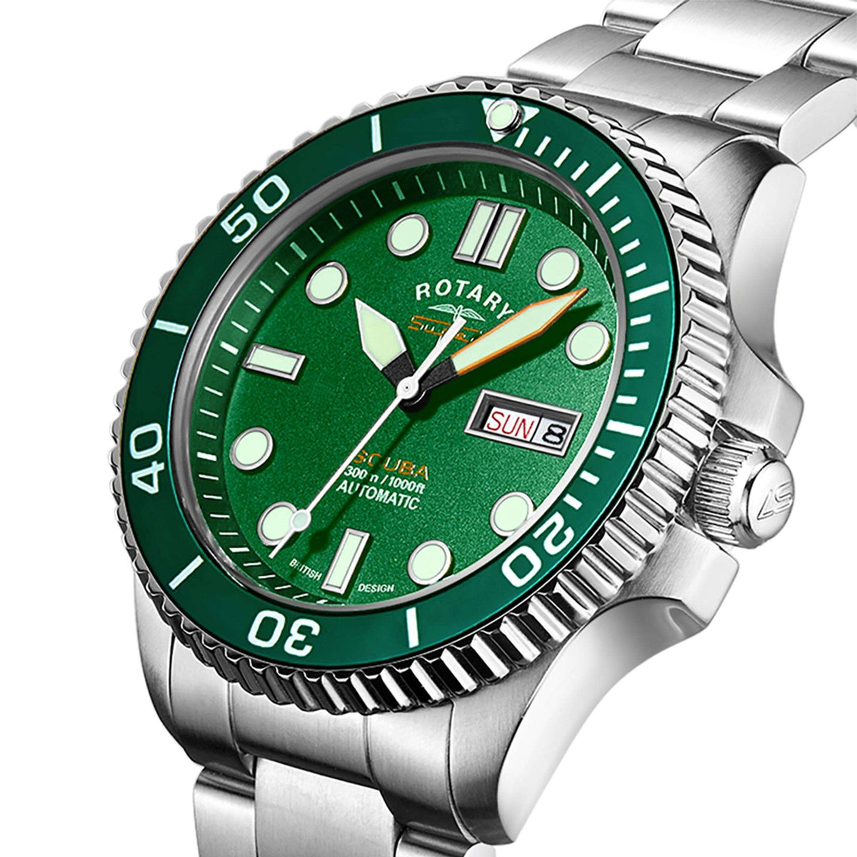 Men's dive watch angled view: green dial with markers and orange-tipped seconds hand