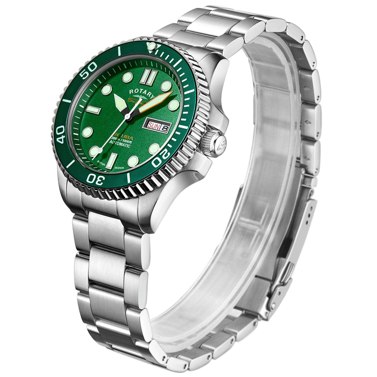 Men's dive watch side view: green dial, silver stainless steel bracelet, right-side crown