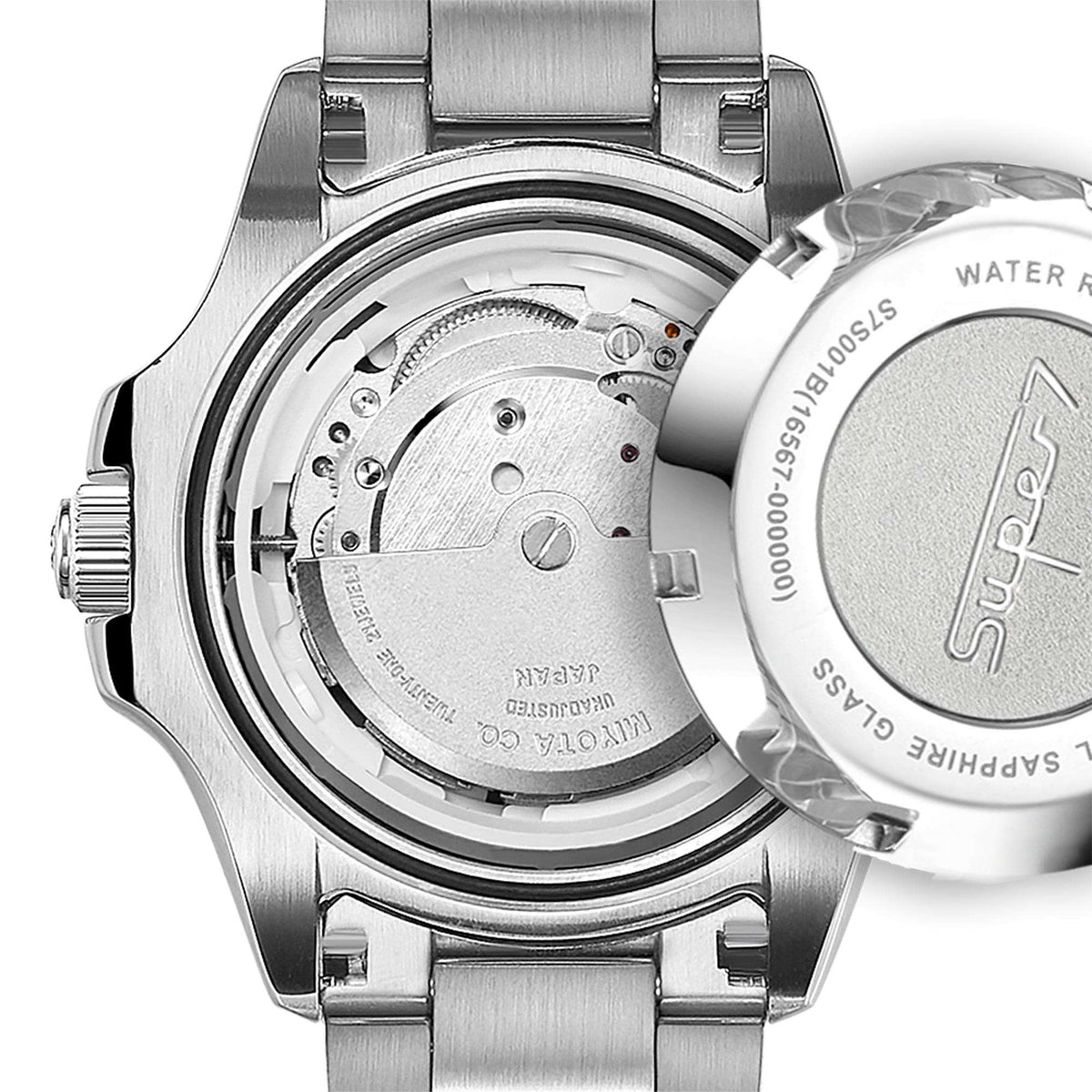 Rotary scuba dive watch caseback with engraved markings and screw-down stainless steel back