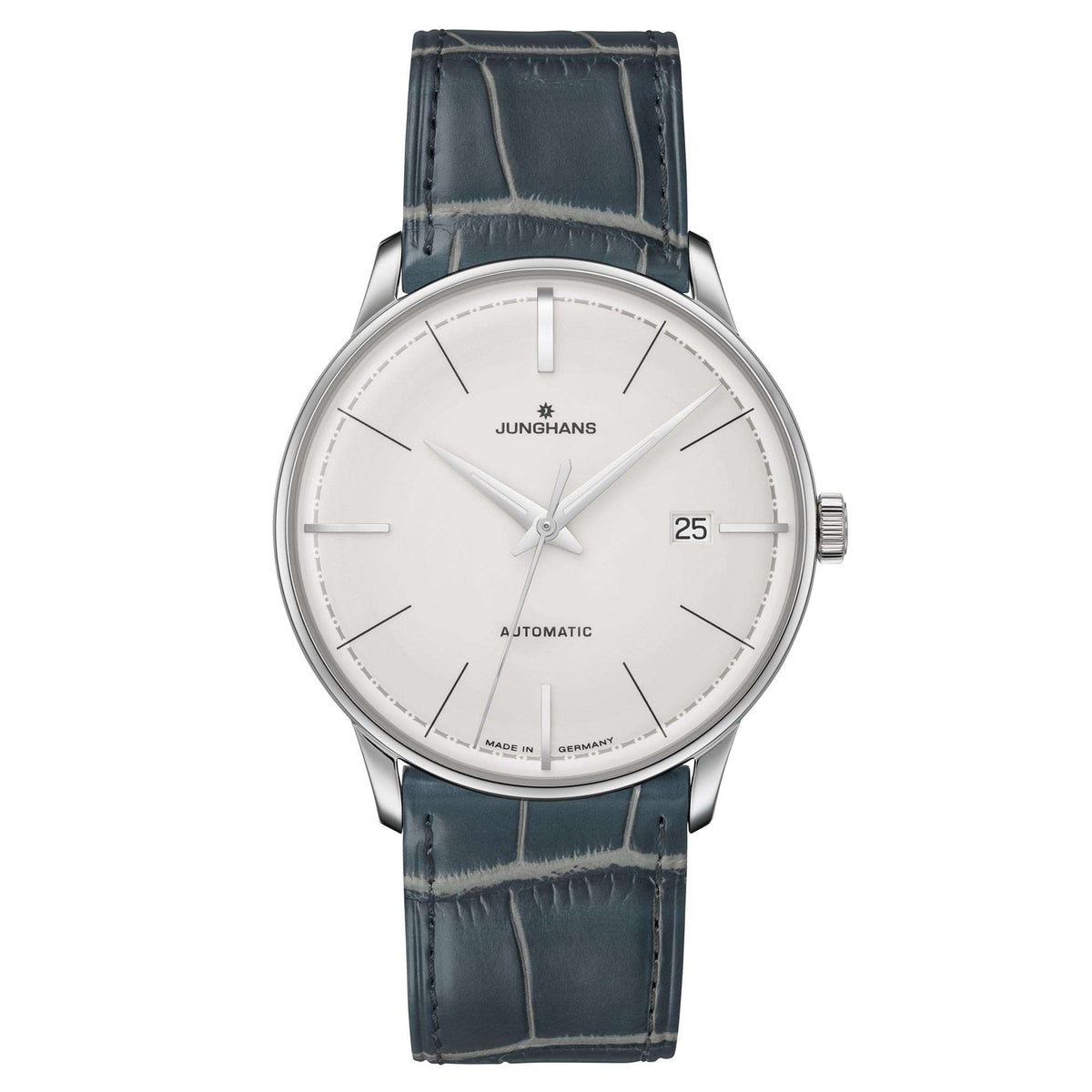 Junghans Meister mens automatic watch with silver case, white dial, blue leather strap