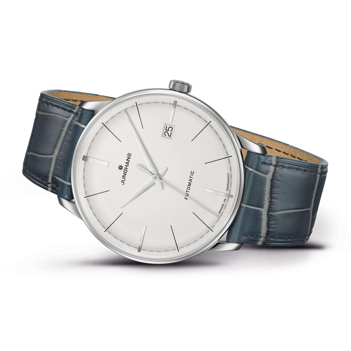 Junghans Meister automatic watch, angled view, silver case, white dial, blue leather strap
