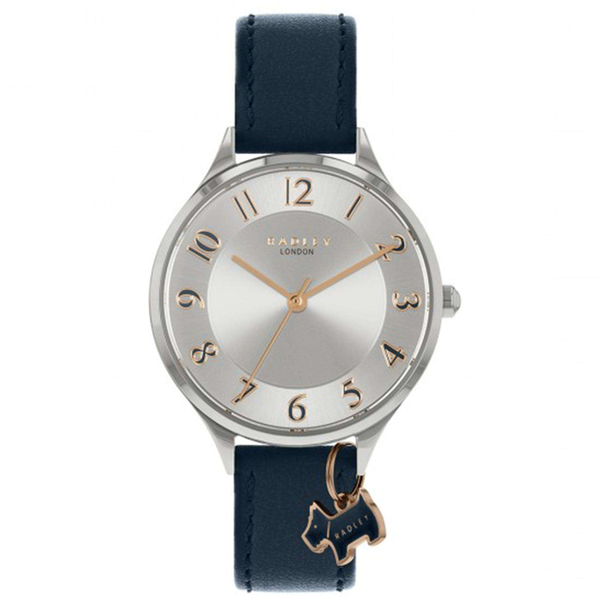Ladies quartz watch, white dial, gold-tone hands, navy leather strap, horse charm