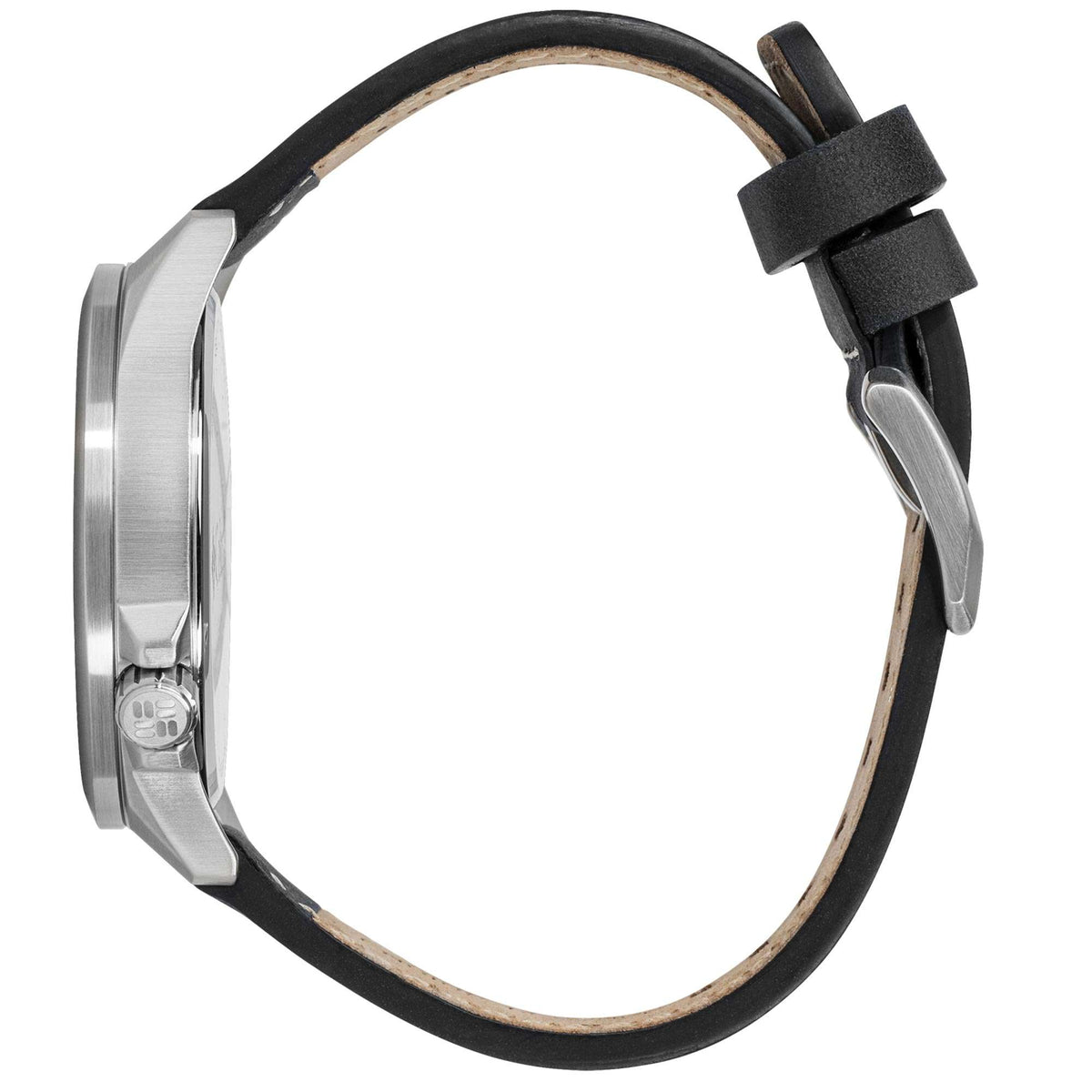 Black leather strap quartz wristwatch with silver metal case side, crown and lugs