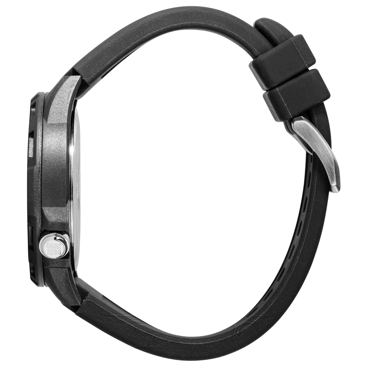 Black silicone strap quartz watch right-side profile with case and crown