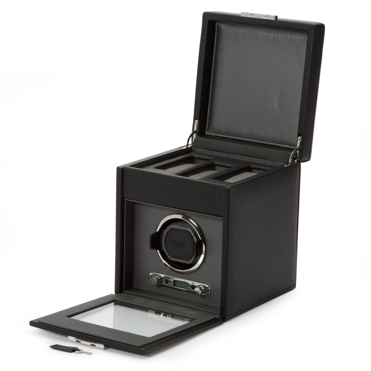 WOLF single watch winder storage box opened, showing winder cradle and foam compartments
