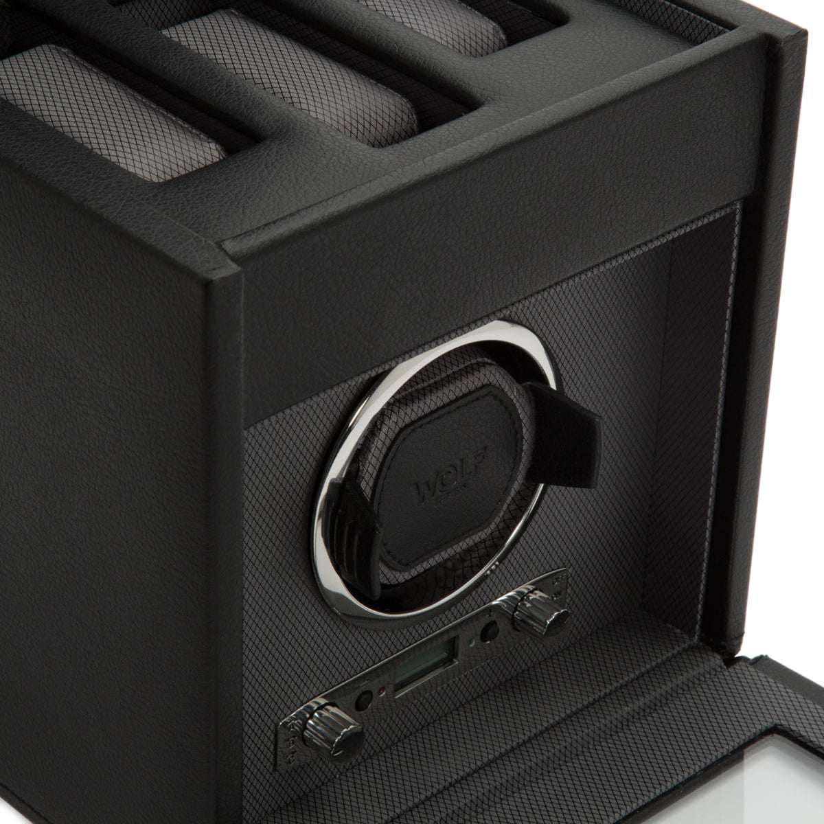 WOLF single watch winder box close-up of circular winder and control switches