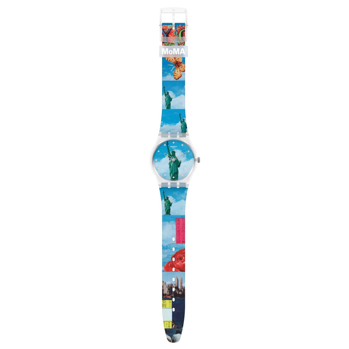 Swatch watch with blue silicone strap and circular dial, full strap view