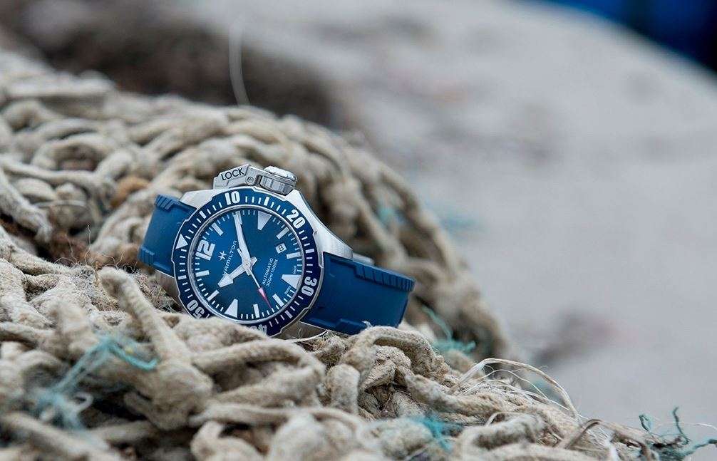 Hamilton blue dial diver watch on rope with blue silicone strap