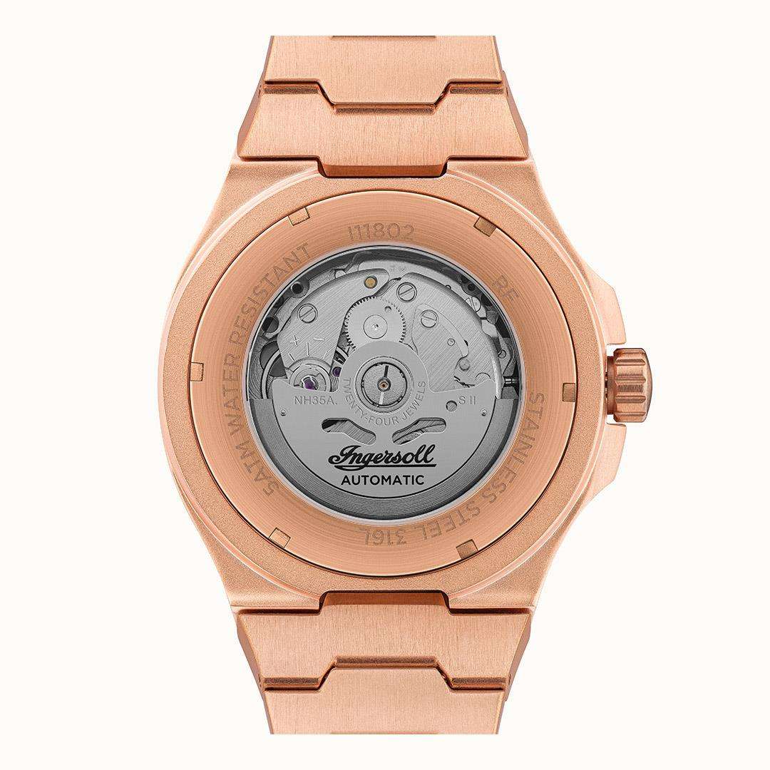Ingersoll automatic watch caseback in rose gold with visible movement inside