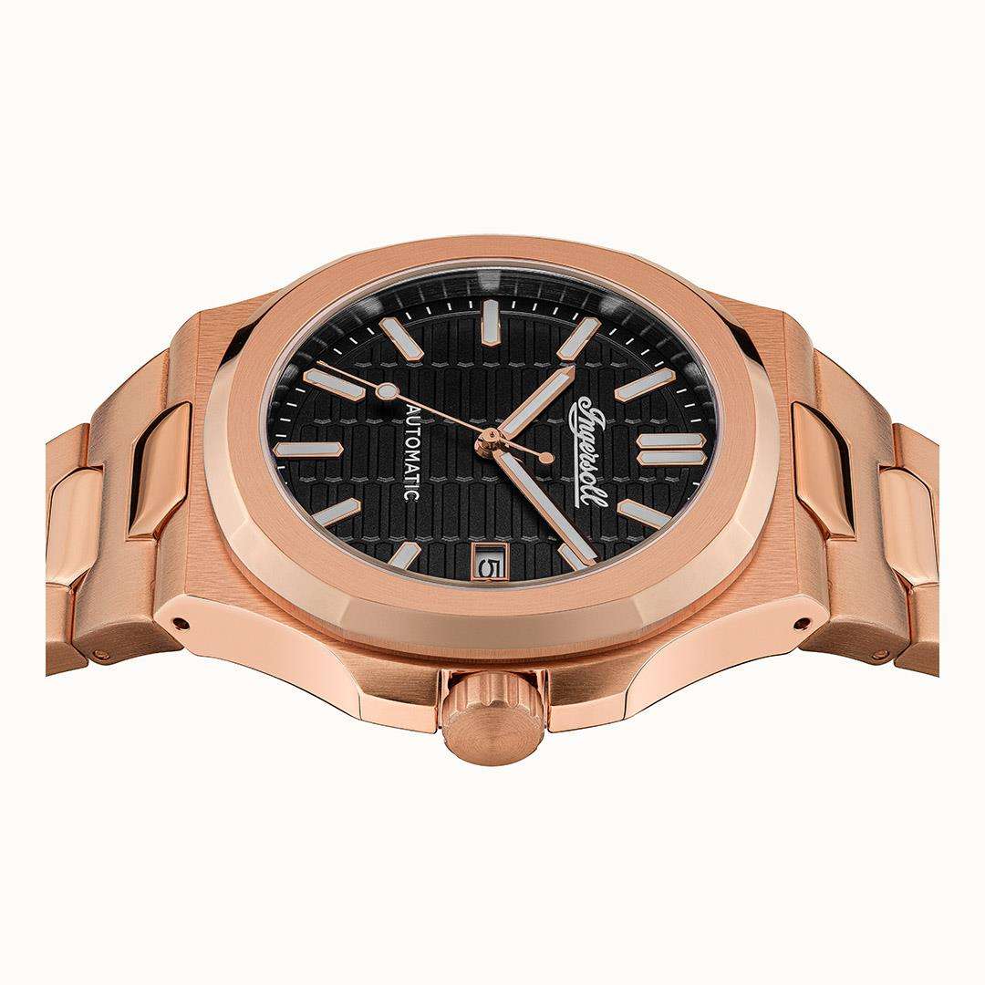 Ingersoll men's automatic watch with black dial, rose-gold bezel, and stainless link bracelet