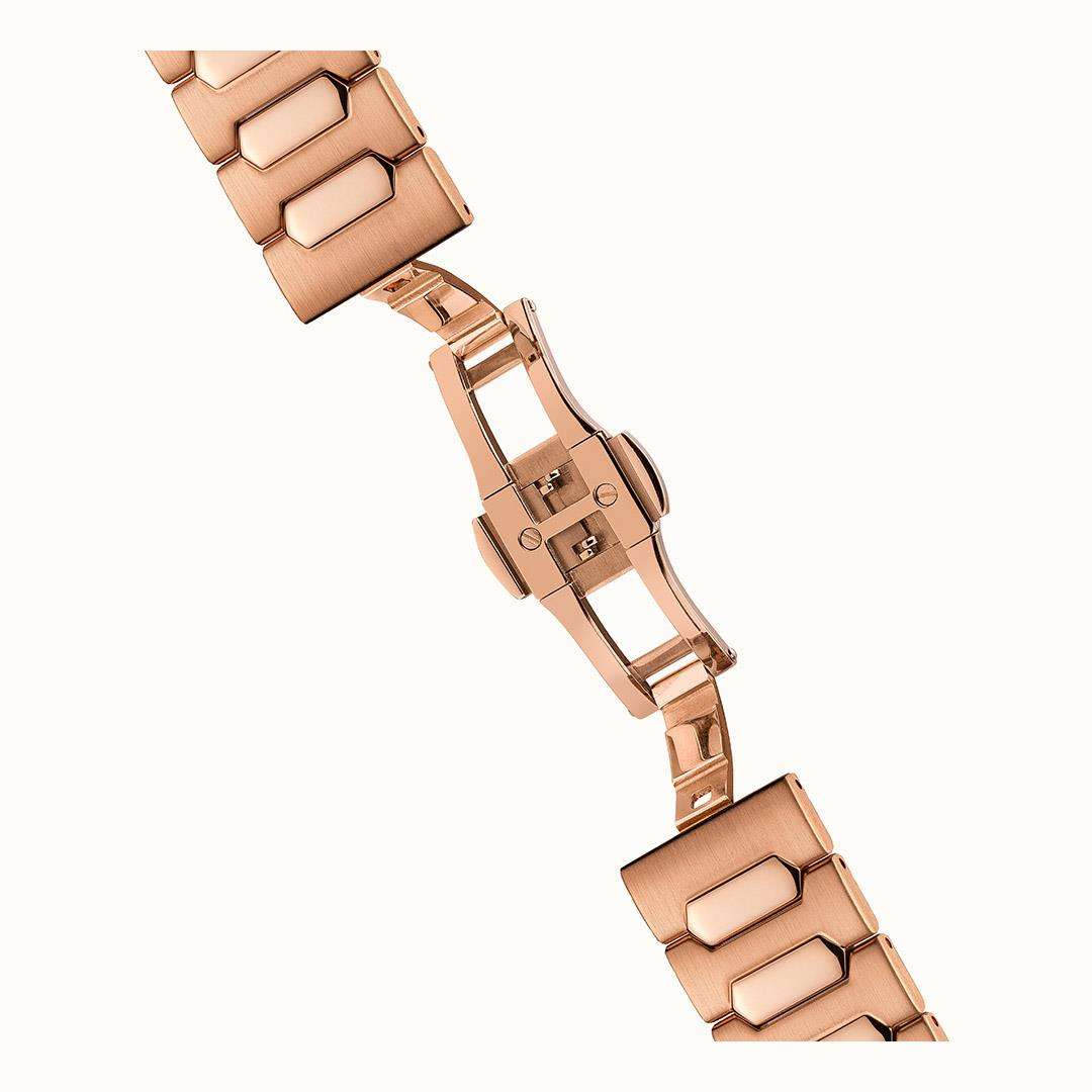 Rose-gold stainless steel watch bracelet links with polished center panels and clasp