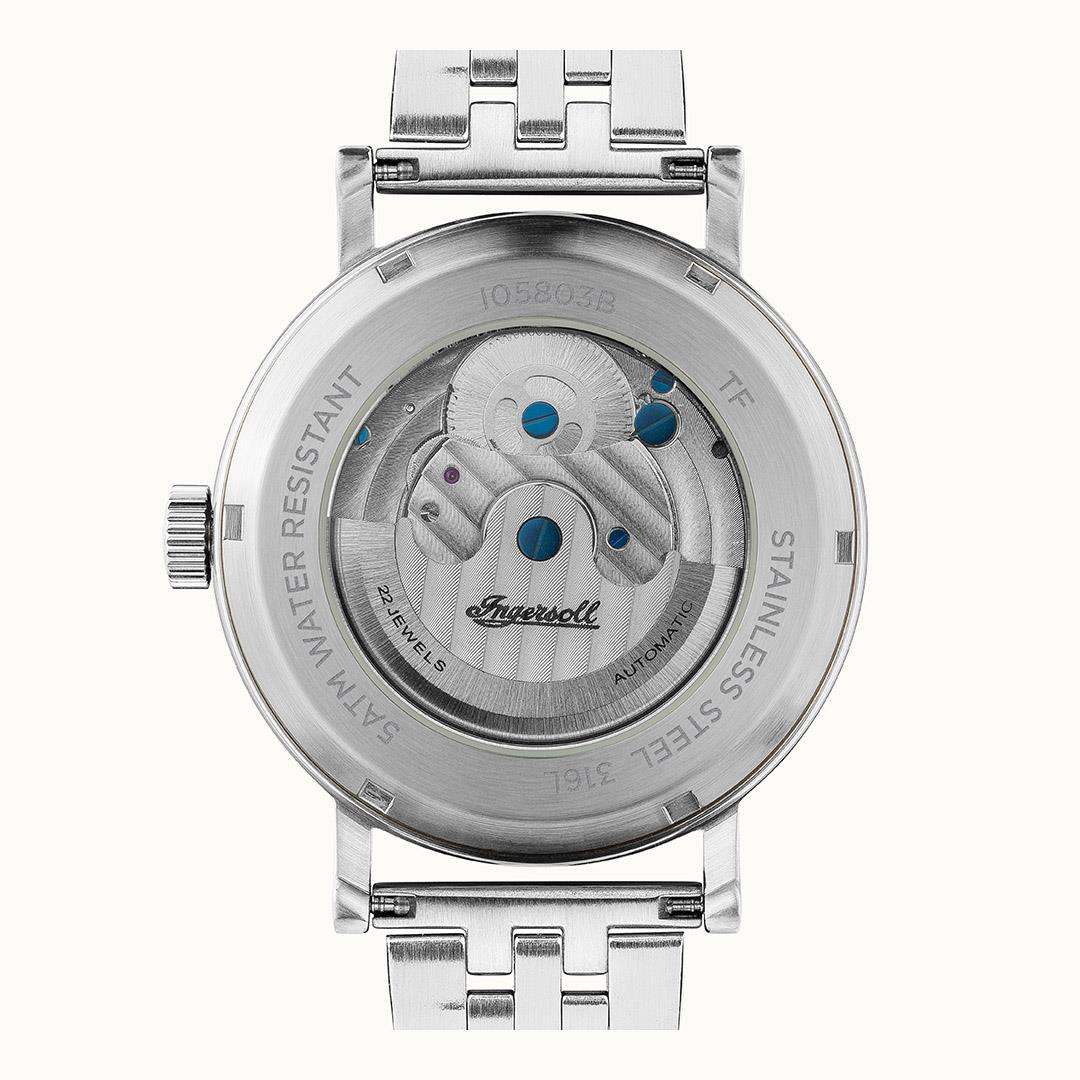 Men's stainless steel automatic watch caseback with visible movement and engraved text