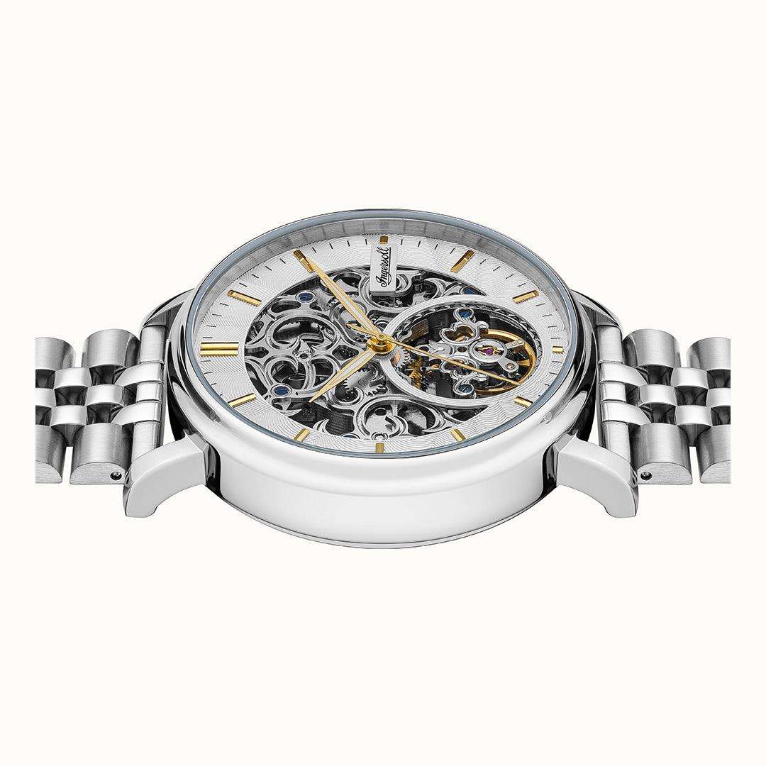 Automatic skeleton watch on stainless steel bracelet with silver dial and gold-accent hands