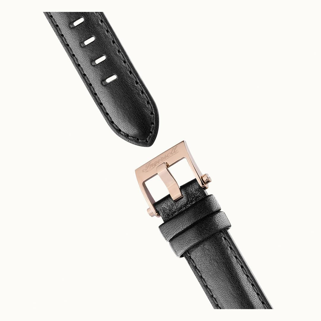 Black leather watch strap with stitched edge and metal buckle clasp