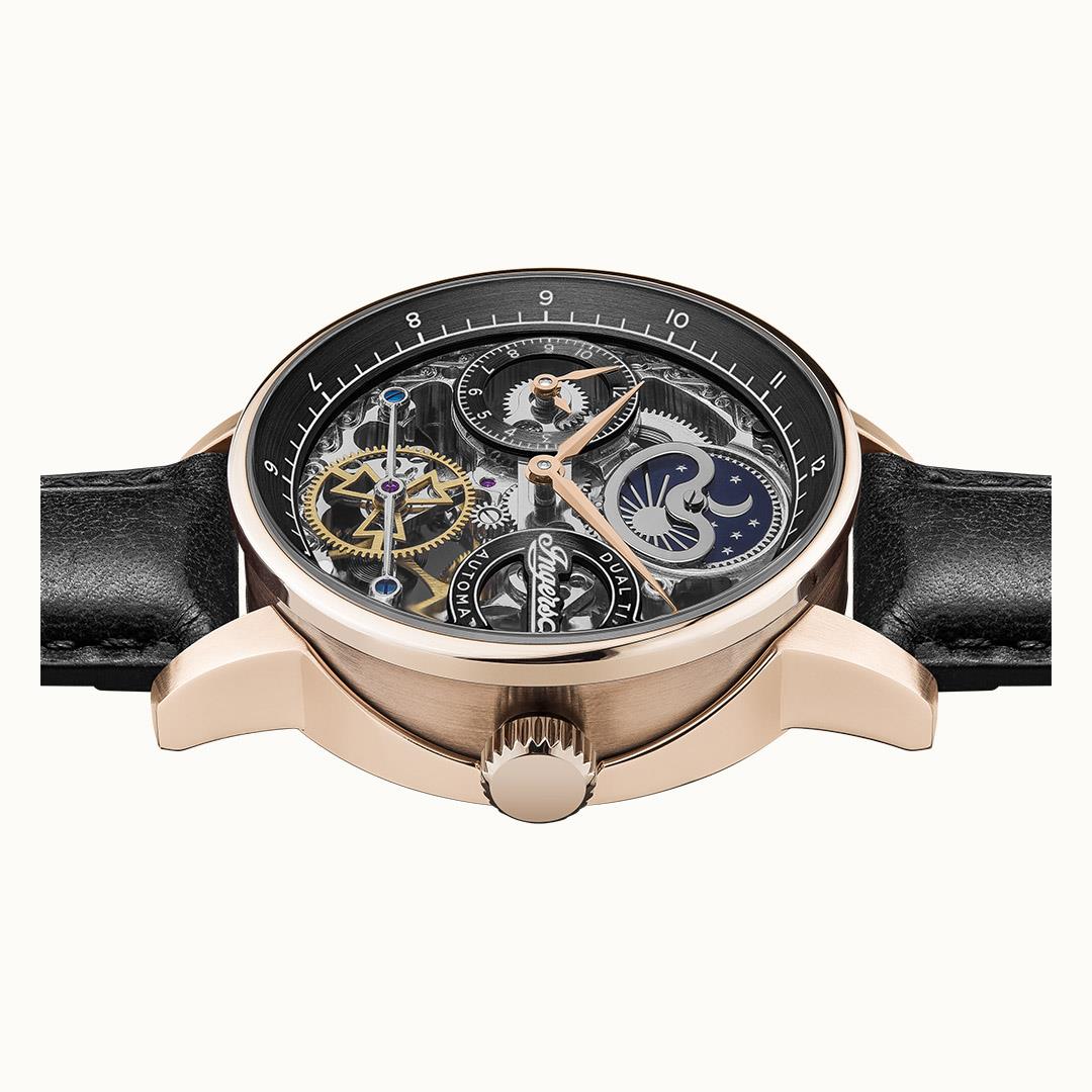 Men's automatic watch with black dial and multicolor gear details, rose-gold case, leather strap
