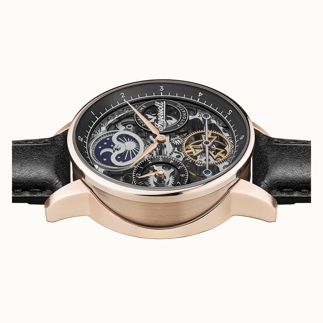 Men's automatic skeleton watch with black dial, blue accents, multiple subdials, leather strap