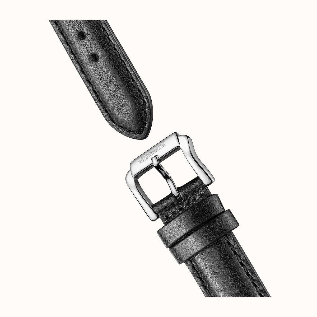 Black leather watch strap with silver-tone metal buckle