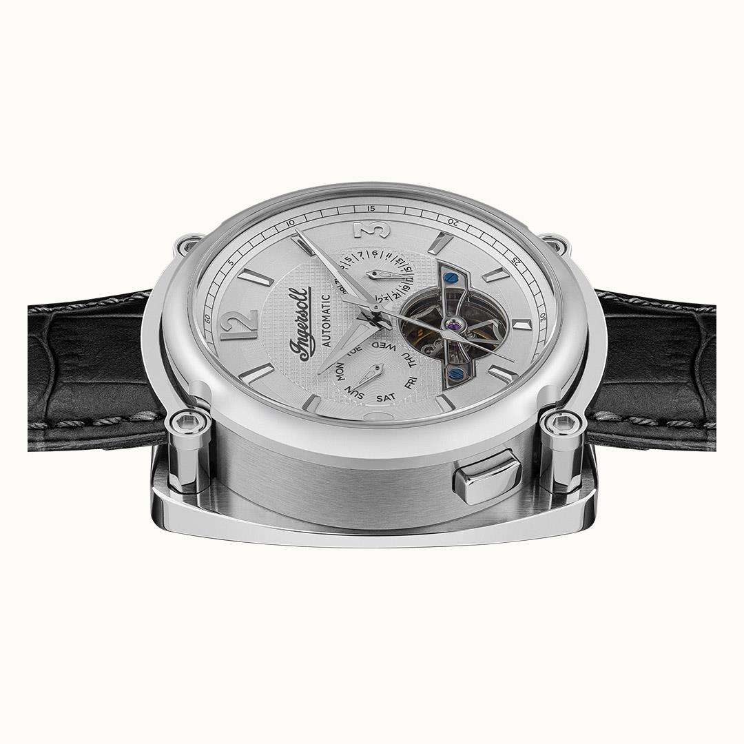 Men's automatic watch side view with silver case and black leather strap