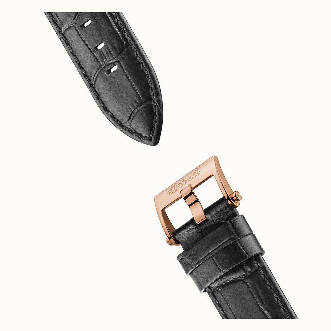 Black leather watch strap with stitched edge and rose-gold tone buckle and clasp.