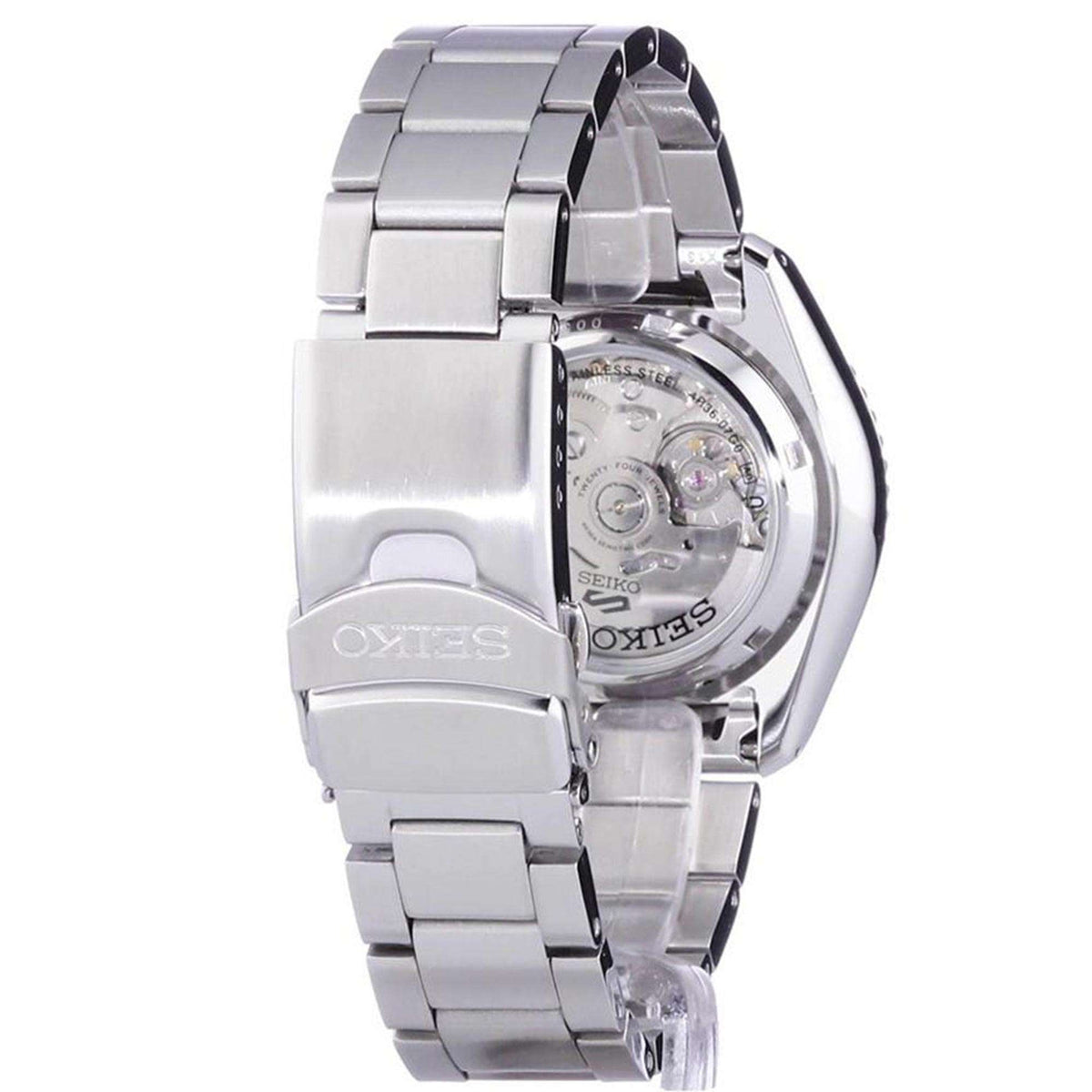 Stainless steel Seiko watch case with clear caseback window and bracelet links