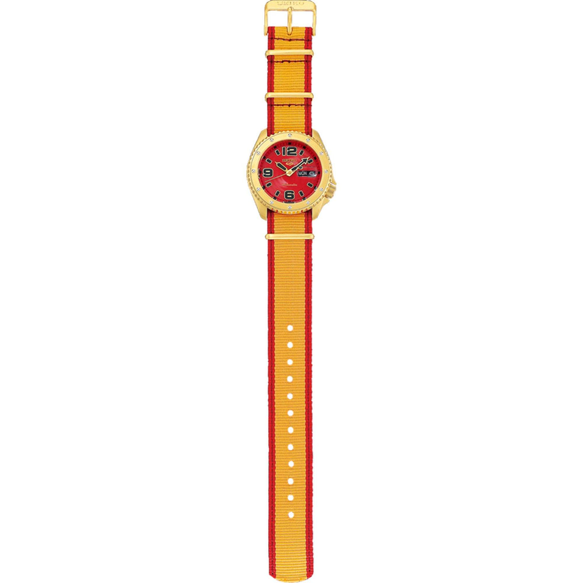 Men's red and yellow nylon watch strap with gold-tone buckle, full length view