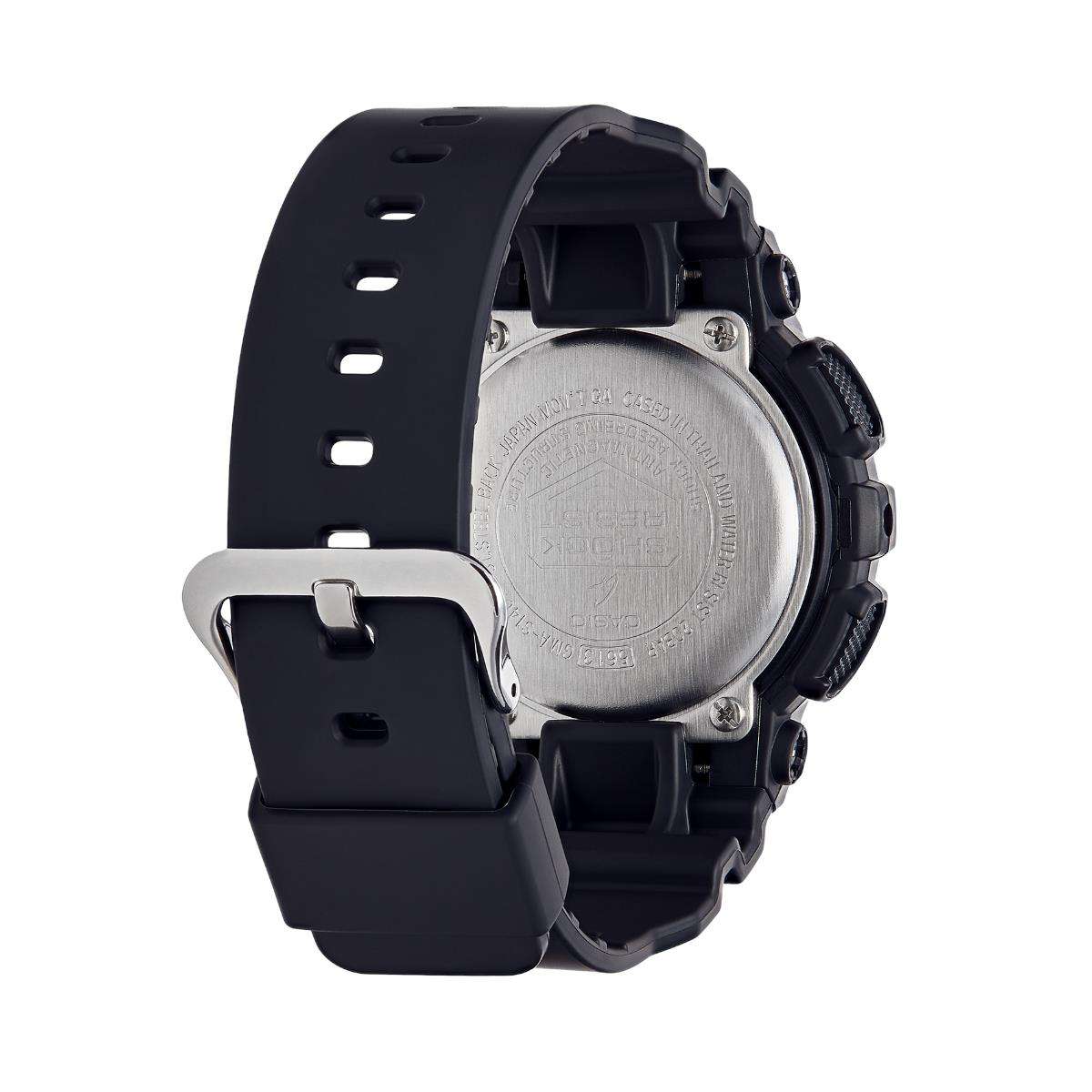 Black silicone watch with silver case back and textured strap with adjustment holes.
