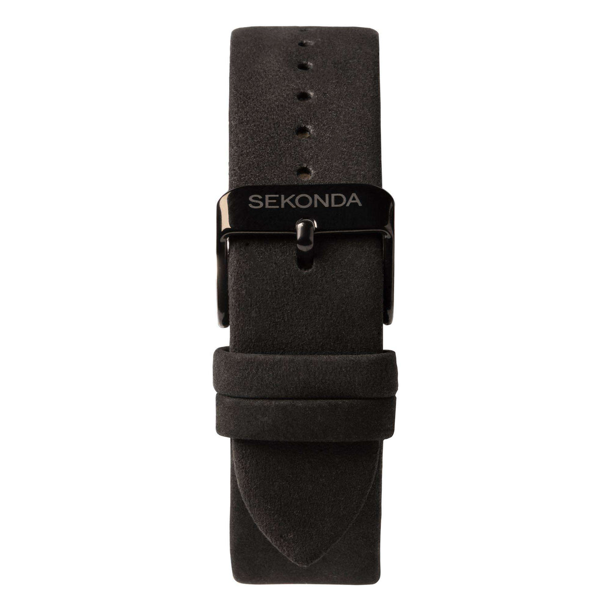 Men's watch with black strap and buckle, strap lugs and SEKONDA logo near clasp