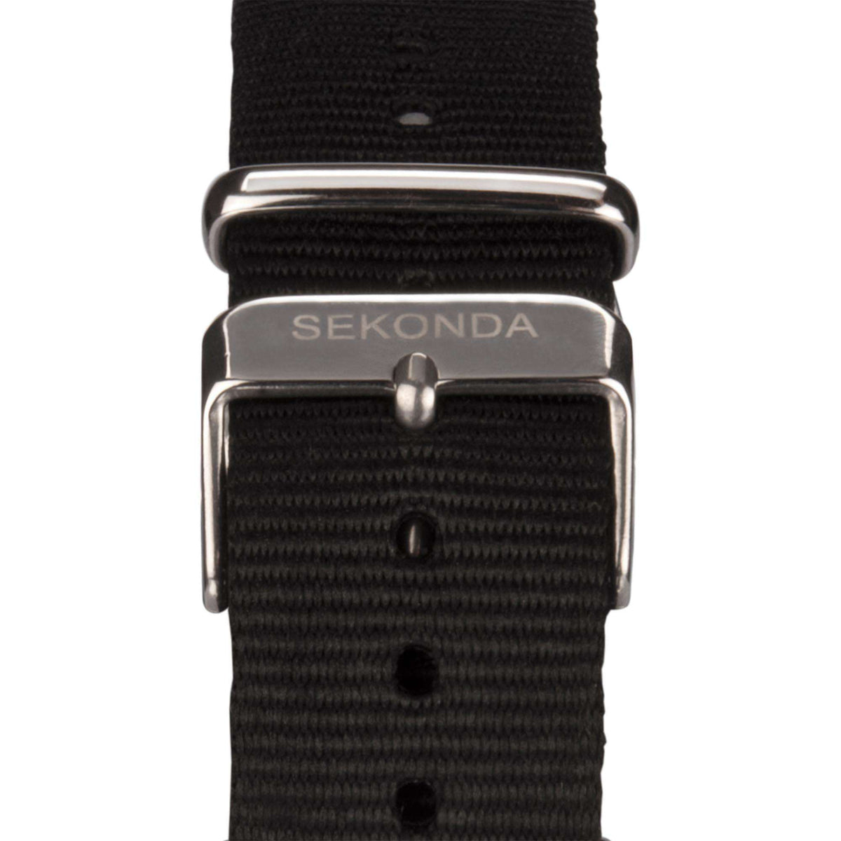 Men's Sekonda watch buckle and black fabric strap with five adjustment holes.
