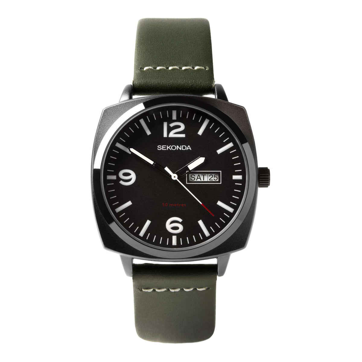 Sekonda men’s quartz watch front view with black dial, green strap, and SAT 25 date.