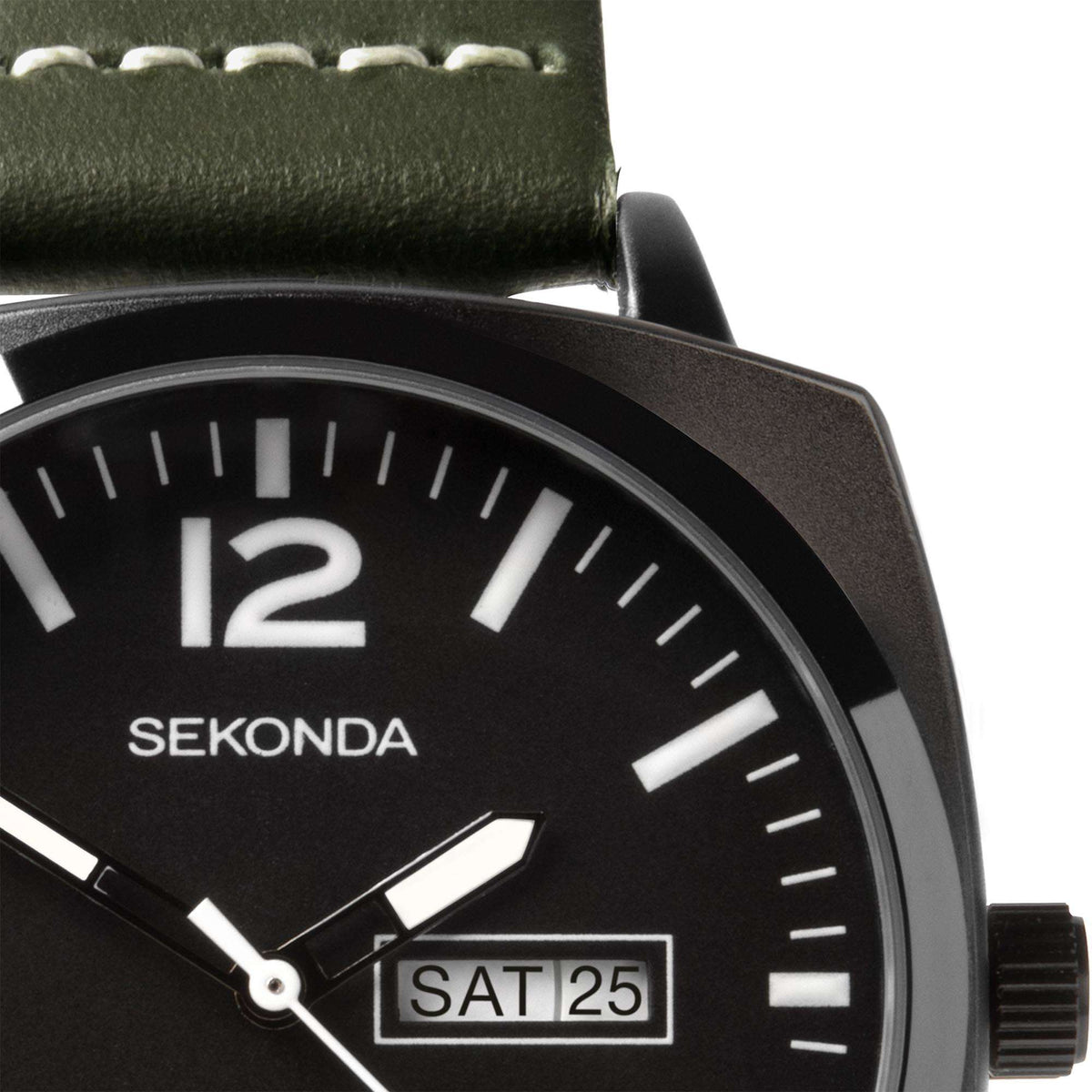 Sekonda men’s watch face with black dial, large 12 marking, and SAT date window.