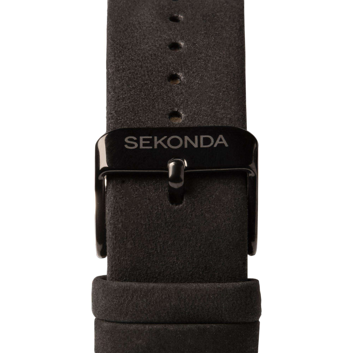 Men's watch strap close-up with black keeper and SEKONDA logo on back band