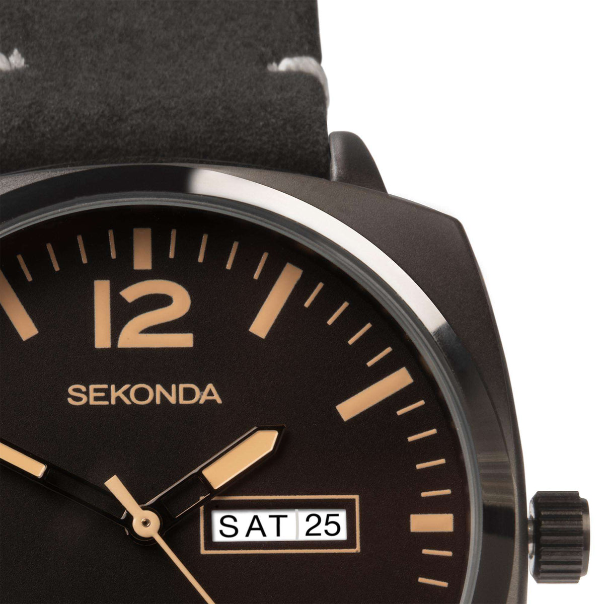 Men's black dial watch detail with gold markers, hands, and SAT 25 date box