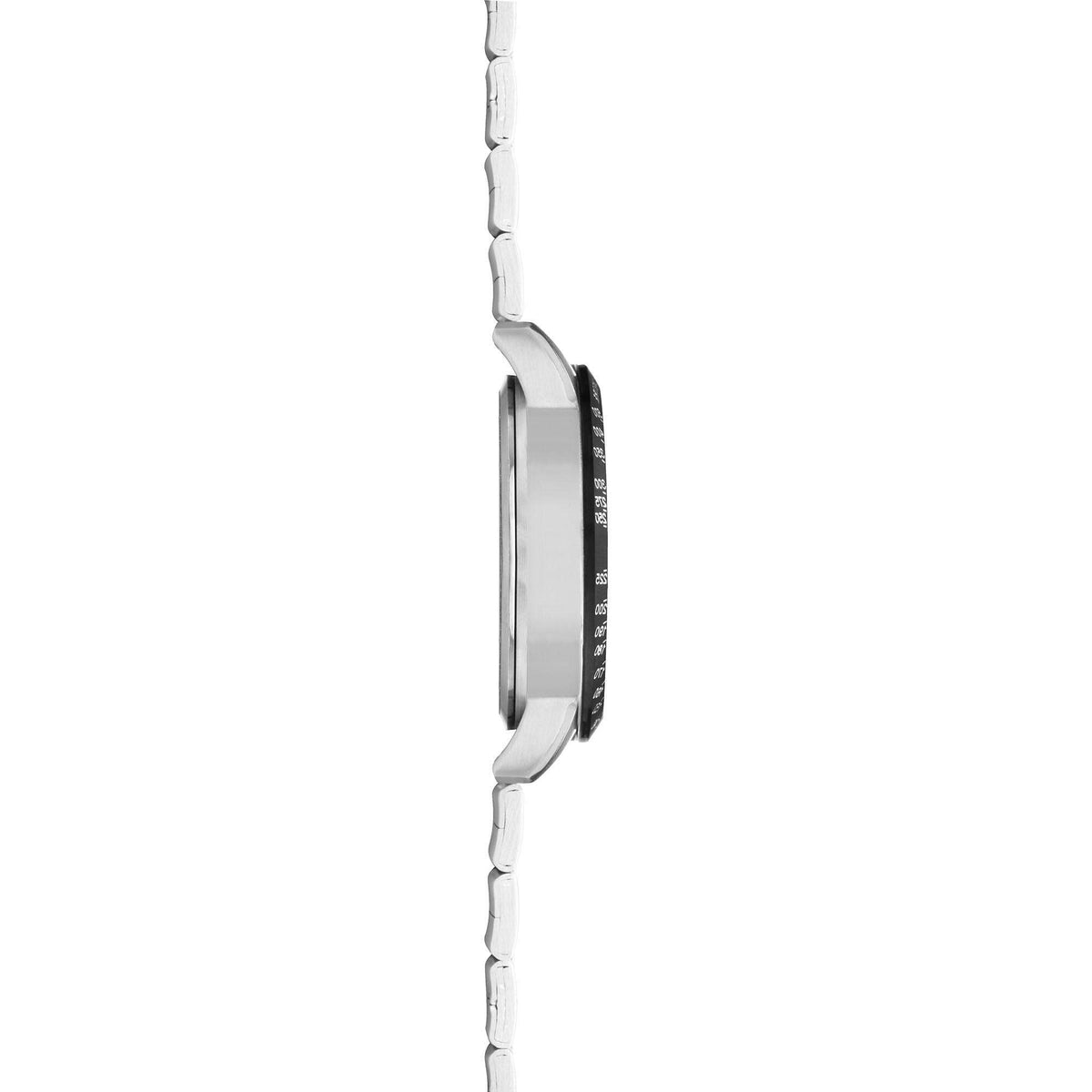 Men's stainless chronograph watch profile with brushed case and crown at right