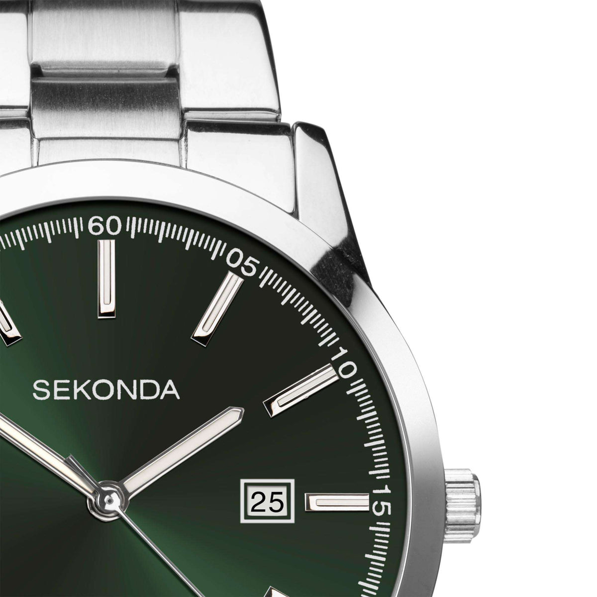 Close-up of Sekonda watch dial with dark green face and date window