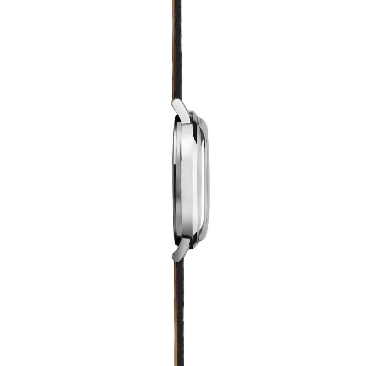 Silver watch side view with black leather strap, crown not visible in this angle