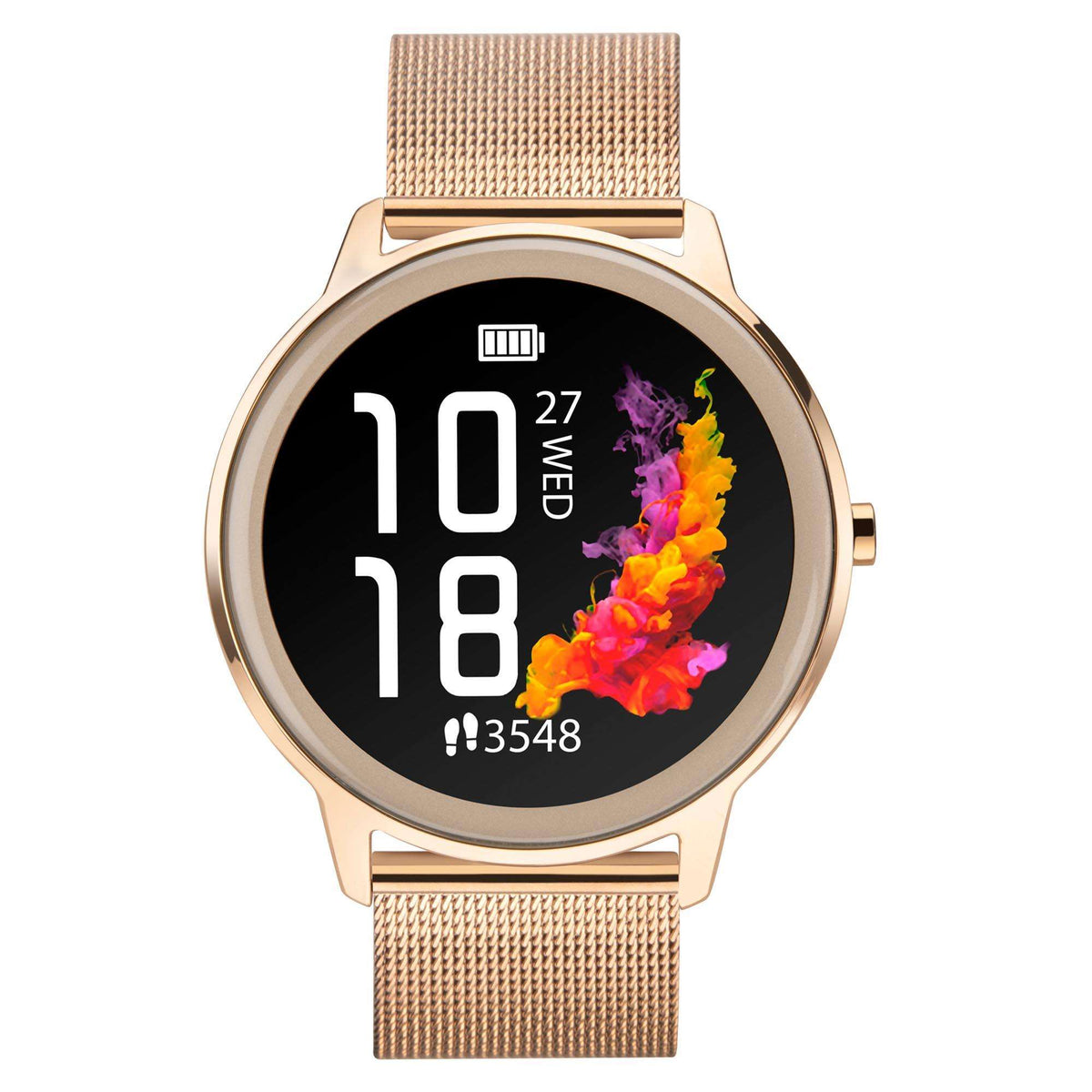 Rose gold ladies smartwatch with mesh bracelet and round black display showing 10:18