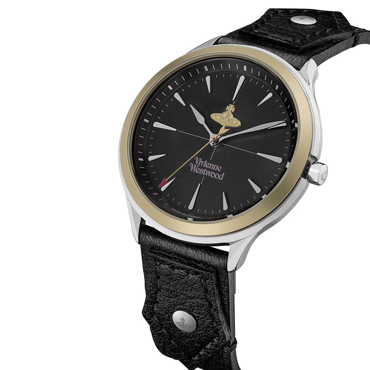 Quartz wristwatch with black dial, gold-tone bezel ring, and black leather strap