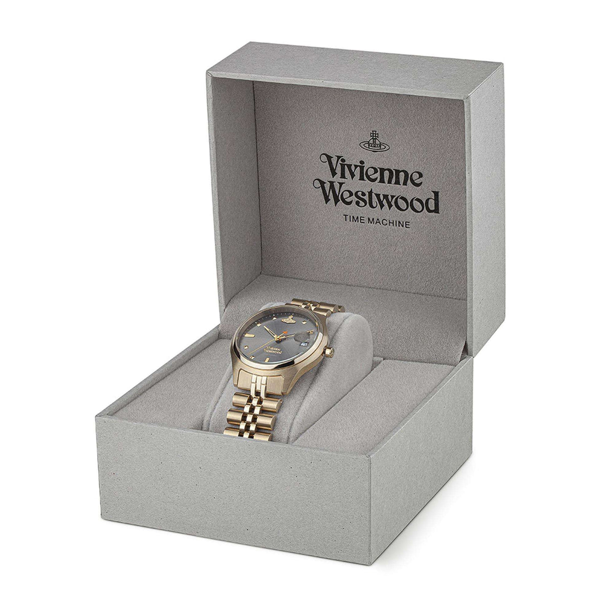 Gold stainless steel ladies watch shown in a gray branded gift box with gray cushion.