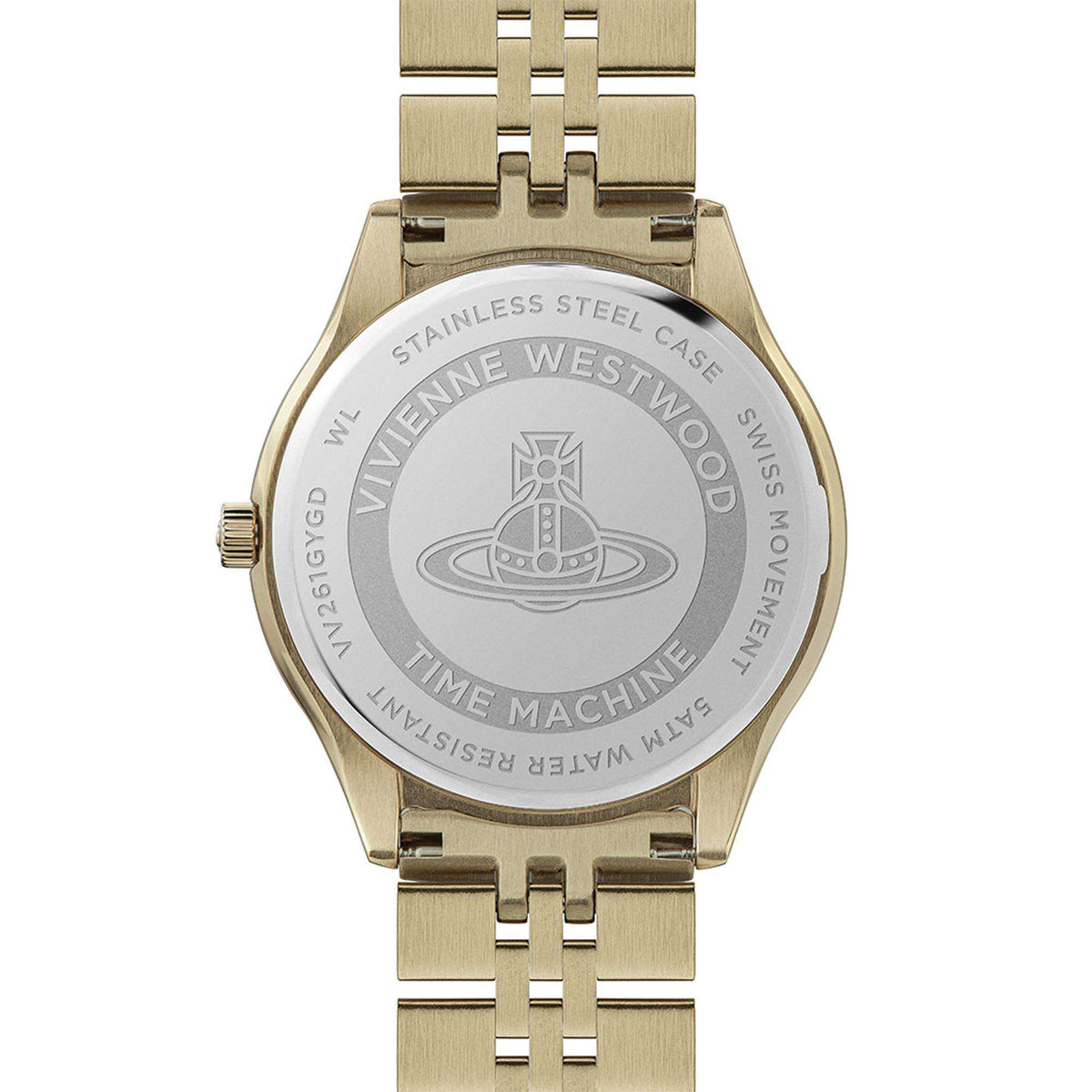 Gold stainless steel watch caseback with engraved emblem text and link bracelet.