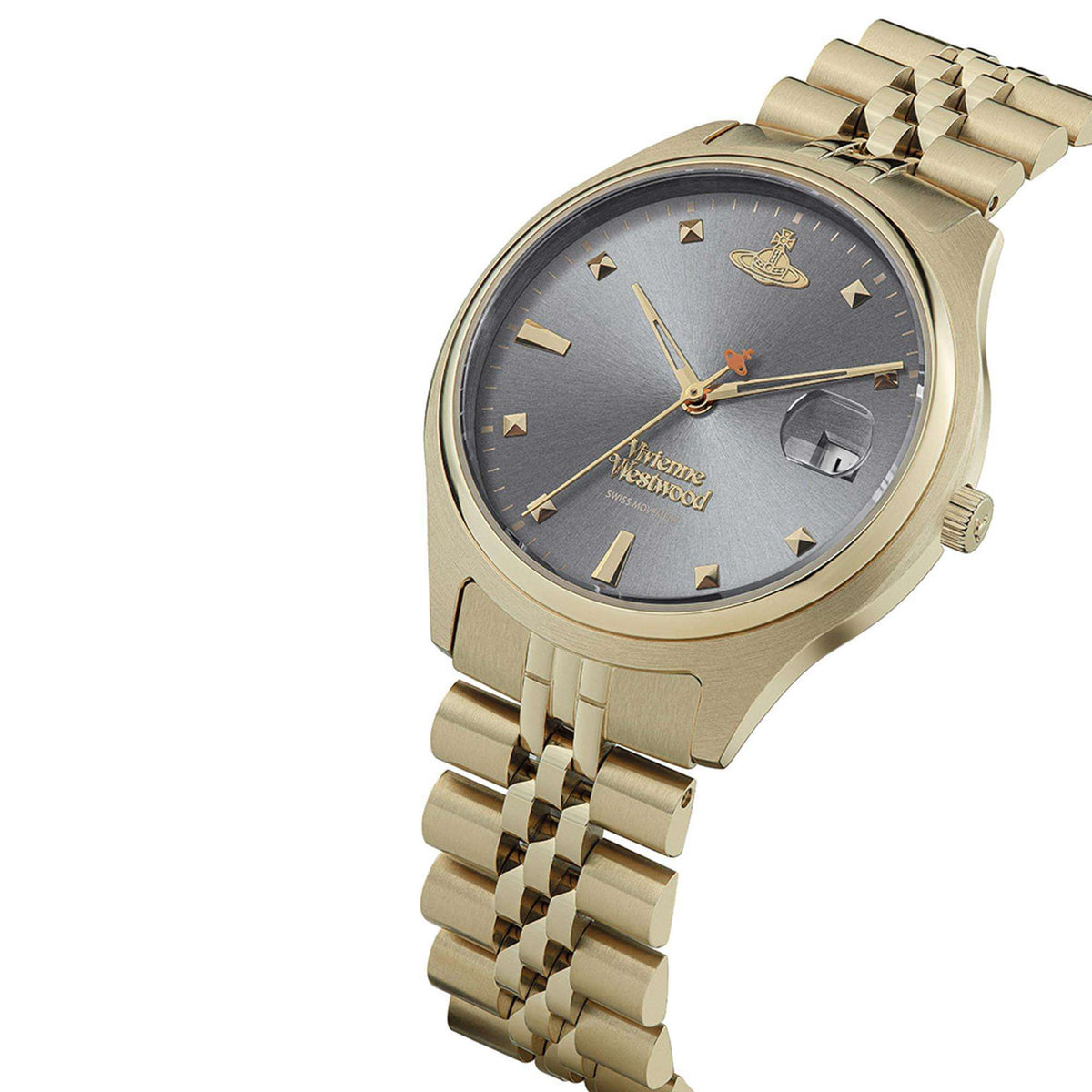Gold stainless steel watch with gray dial, gold markers, and polished bracelet with clasp.