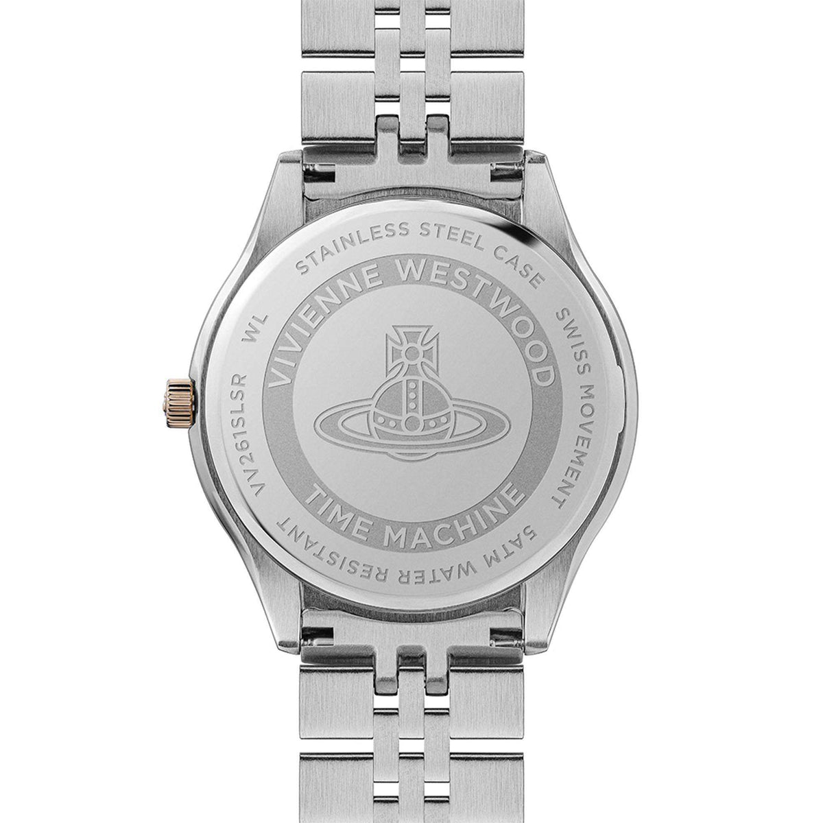 Stainless steel caseback for ladies watch, engraved text and linked bracelet