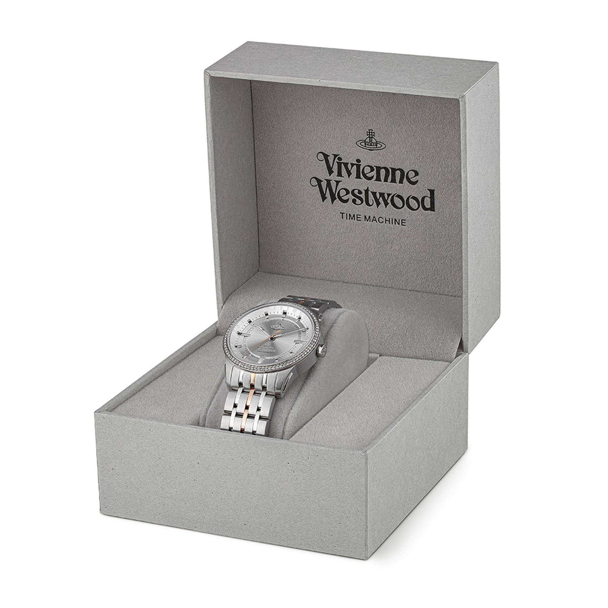 Ladies stainless steel bracelet watch in open gray gift box