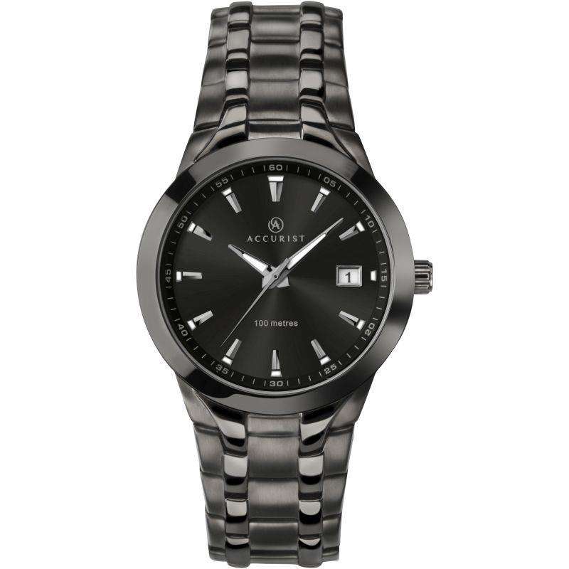 Men's black dial quartz watch with black IP steel bracelet and round crown